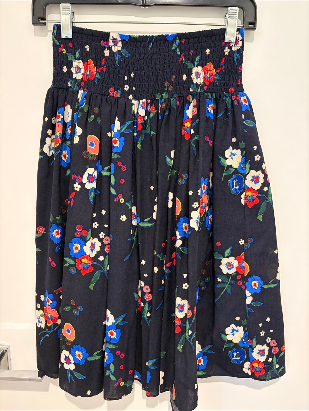 Tory Burch Floral Smocked Waist Navy Midi Skirt